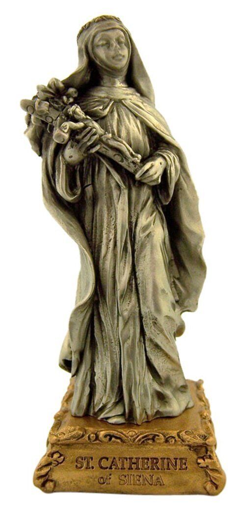 Pewter Saint St Catherine of Siena Figurine Statue on Gold Tone Base, 4 1/2 Inch