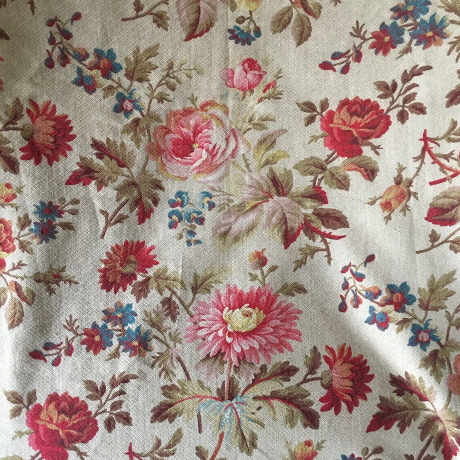 Antique French Floral Roses Cotton Fabric ~ Red Pink Blue Yellow Green