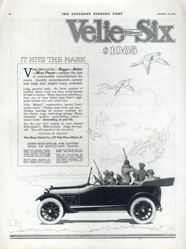 It Hits The Mark: Velie Biltwel Six Touring Car ad 1917 duck hunting from car