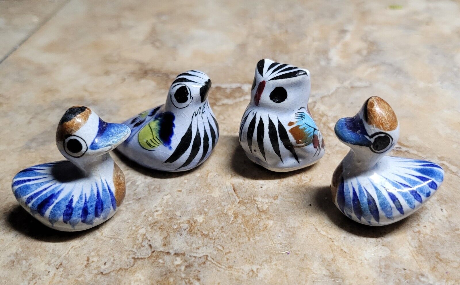 4 Vintage Tonala Mexico Folk Art Pottery Miniatures Owl, Bird Ducks 1.25\