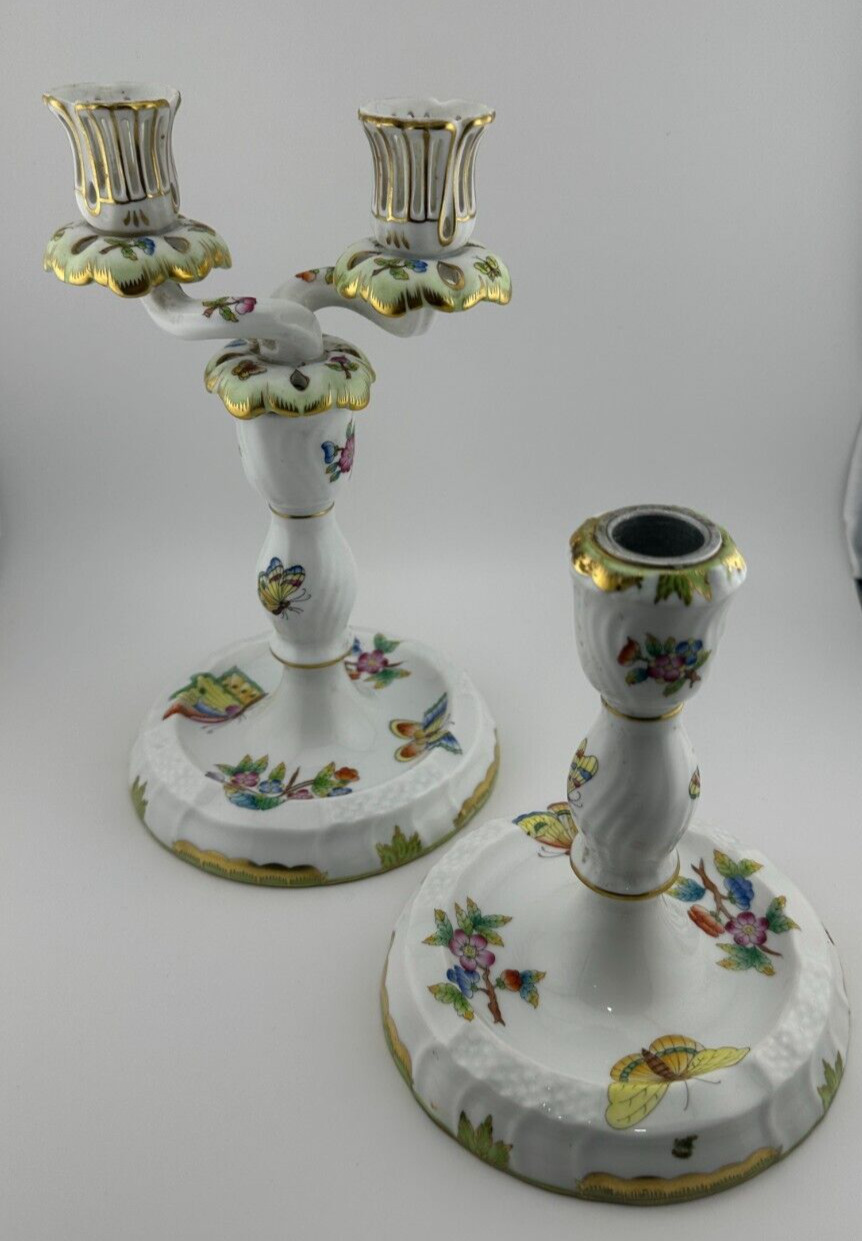 Herend Hungary 2 Candle Holders with 1 Top Porcelain Flowers Butterflies 7915