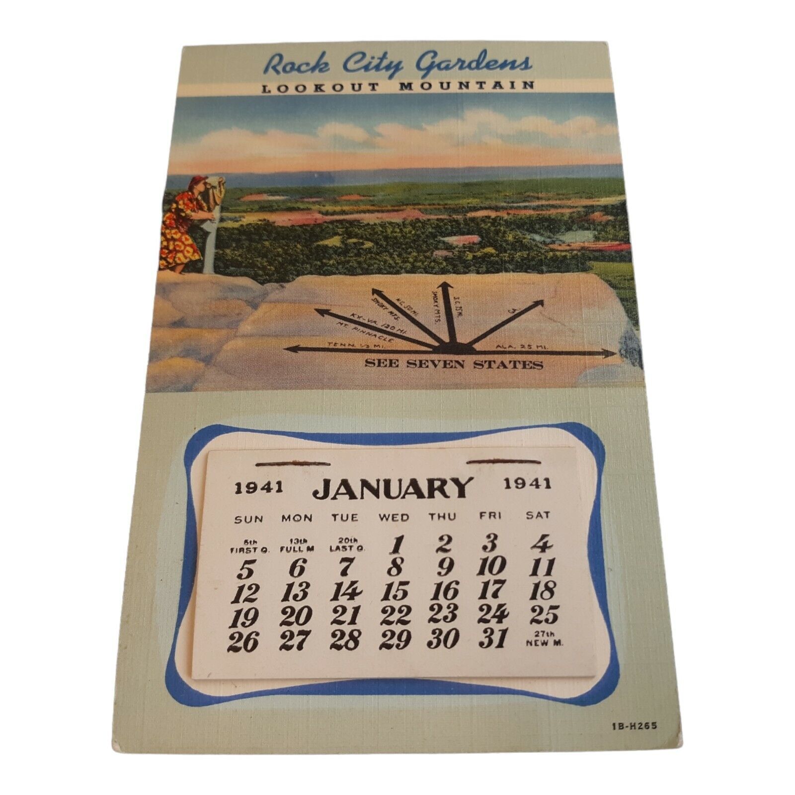 Rock City Gardens Lookout Mountain TN KY GA 1941 Calendar Linen Postcard