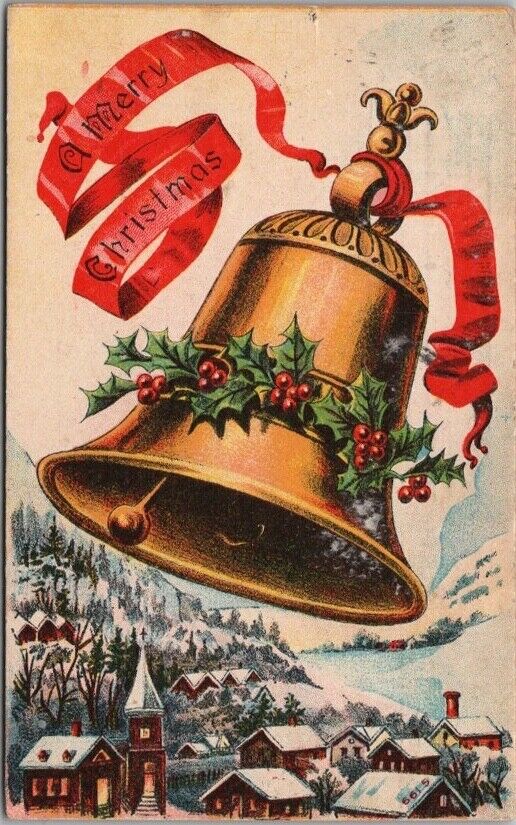 Vintage MERRY CHRISTMAS Postcard Town Scene / Church Bell / 1912 Cancel