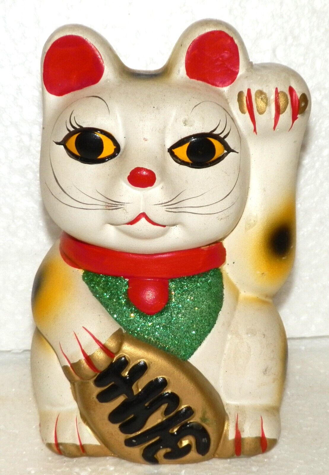 Ceramic Lucky Cat Beckoning Figurine Coin Bank 6.5