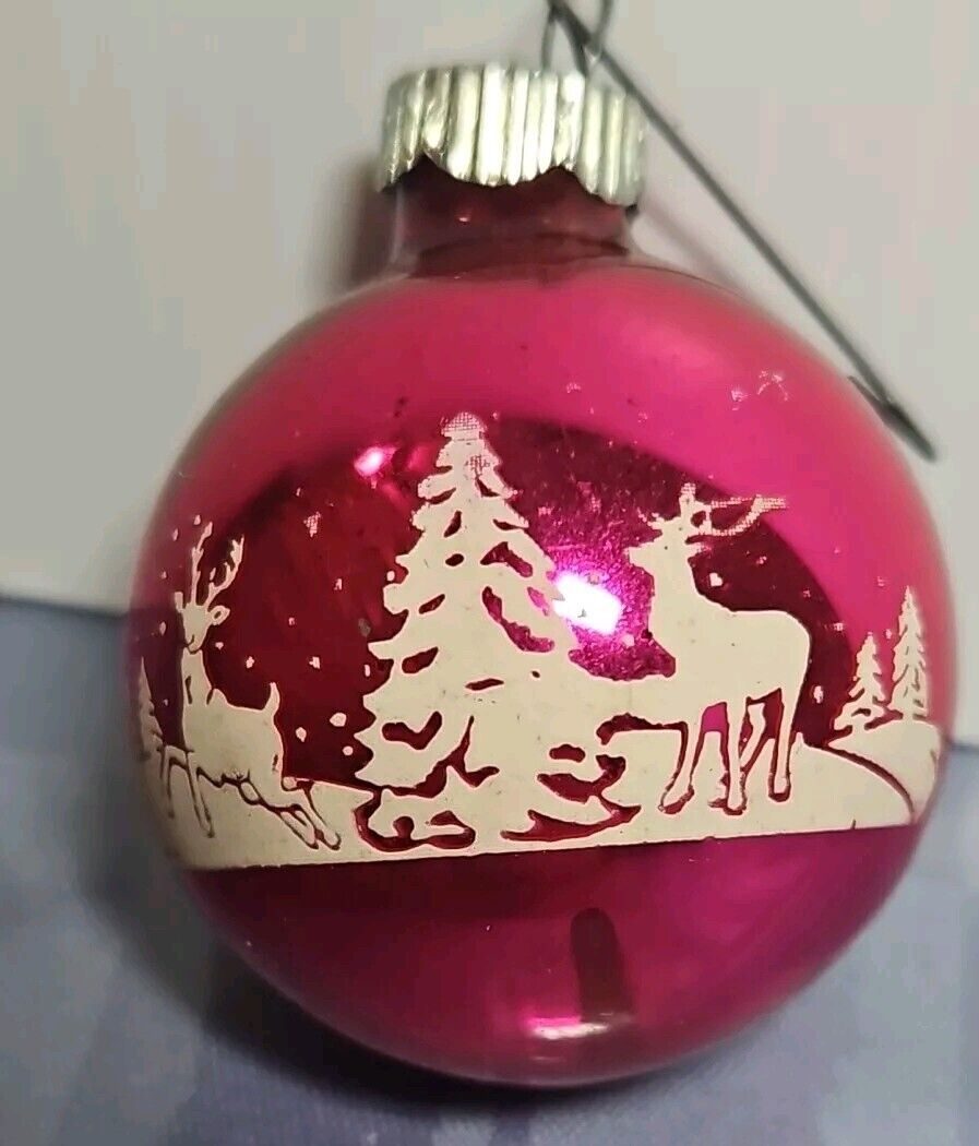 Vintage Shiny Brite Deer In Snow Stencil Mercury Glass Christmas Ornament Mini