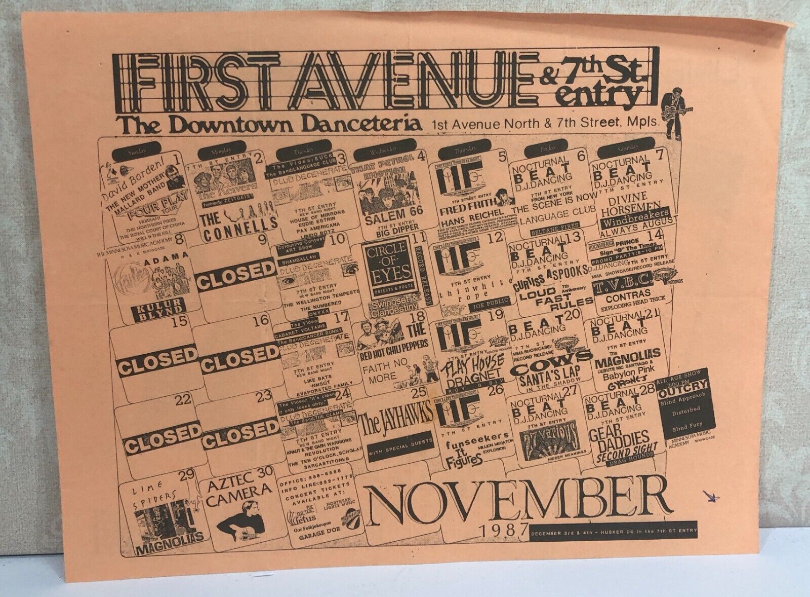 First Avenue Minneapolis Nightclub Lime Spiders Monthly Calendar November 1987