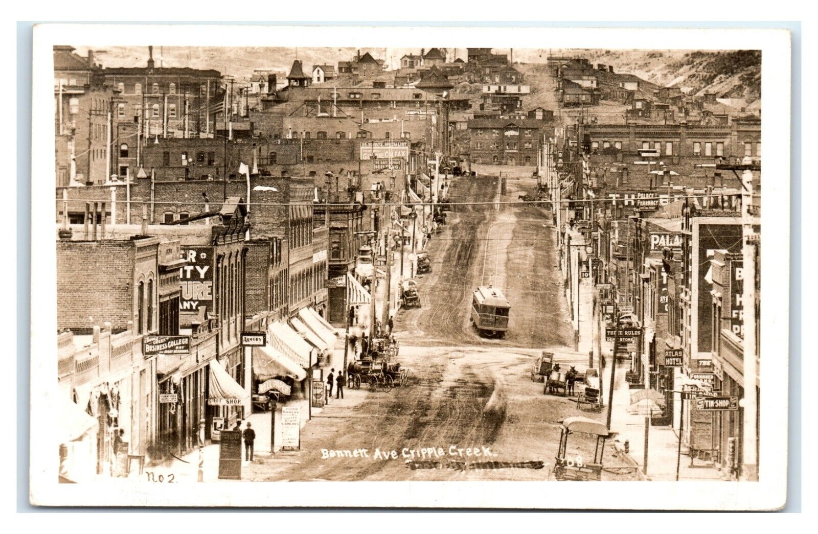 Postcard Bennett Ave, Cripple Creek CO Colorado trolley c1930\'s RPPC L23