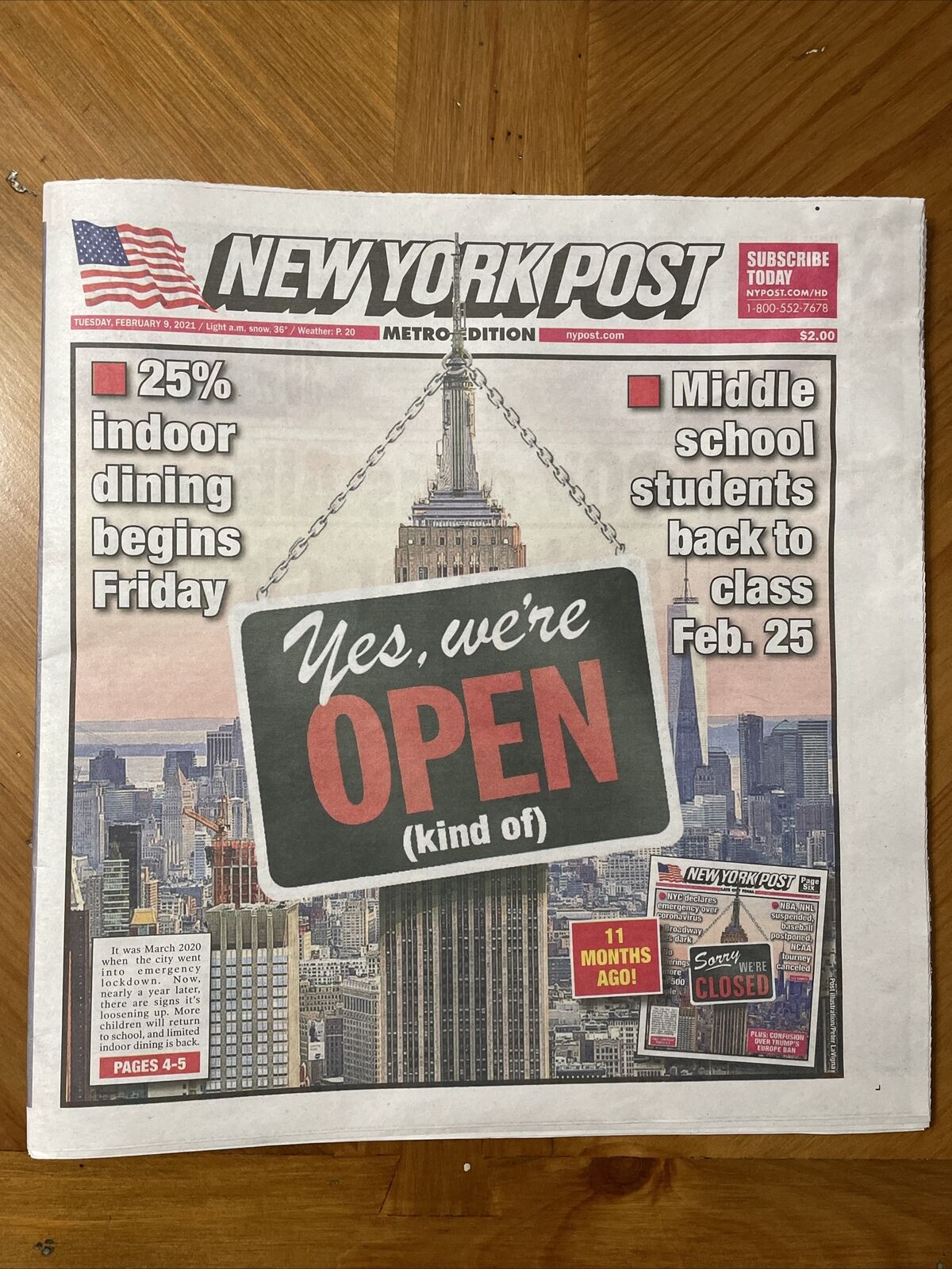 FEBRUARY 9, 2021 NEW YORK POST NYC: YES WE’RE OPEN ONE YEAR AFTER LOCKDOWN