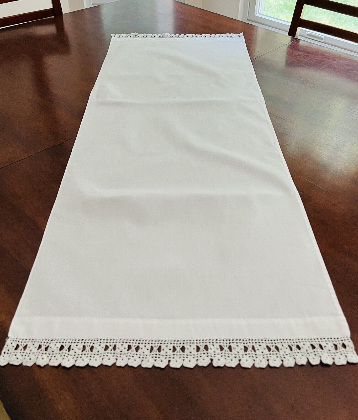 Vintage white sturdy cotton table runner with hand crocheted scalloped edge