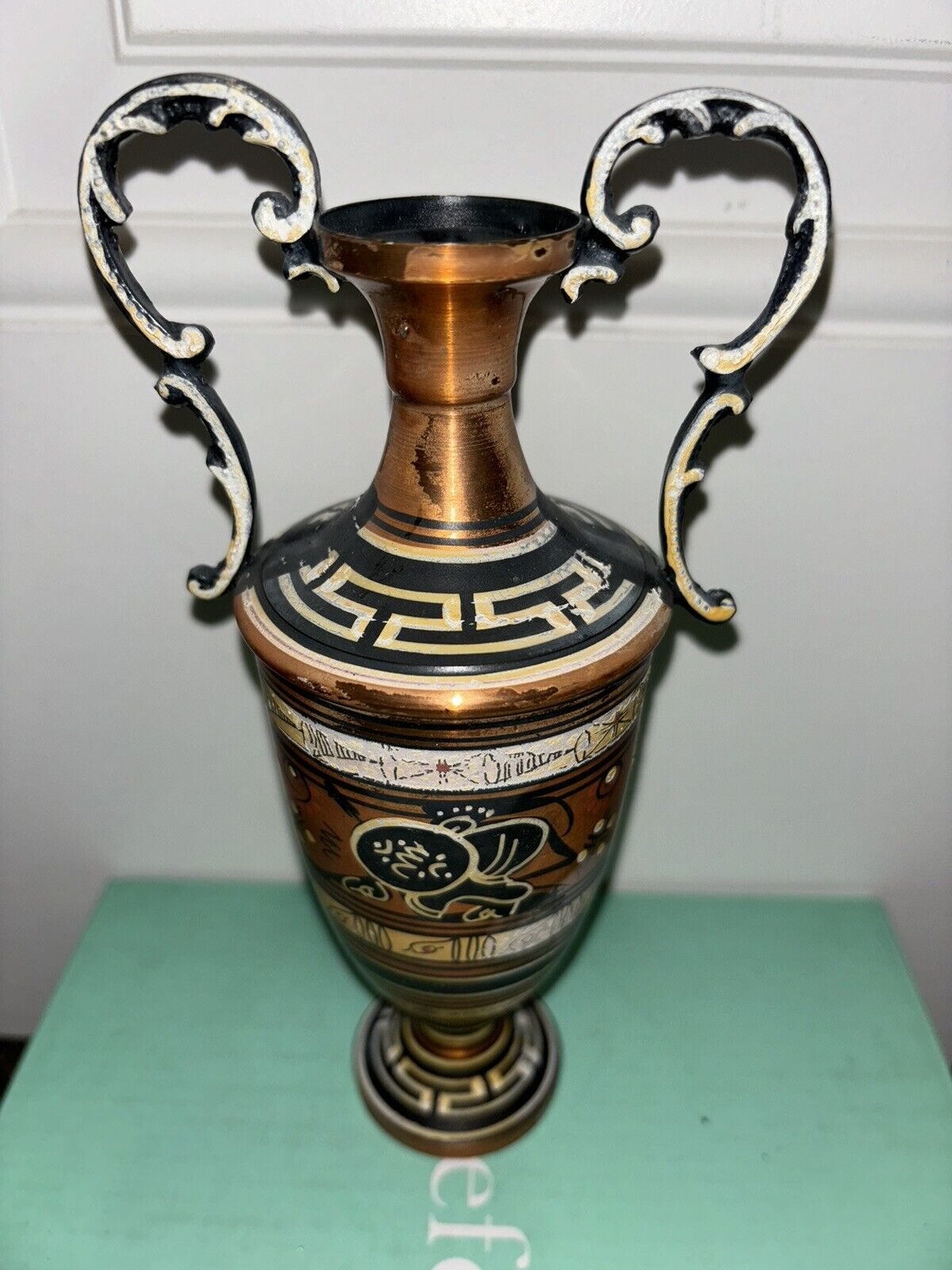 Rare Vintage Greek Copper Vase Hand Made + Painted in Greece