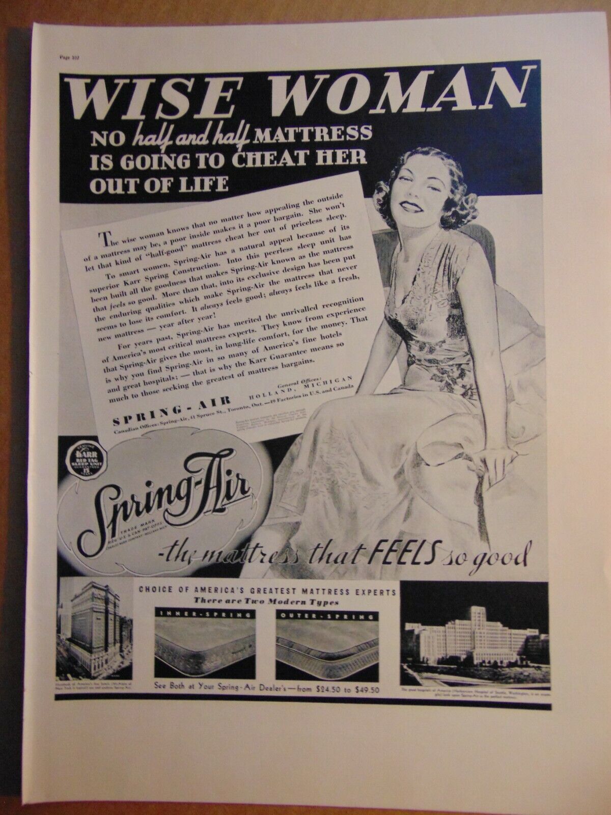 1937 SPRING-AIR MATTRESS It Feels So Good  vintage art print ad