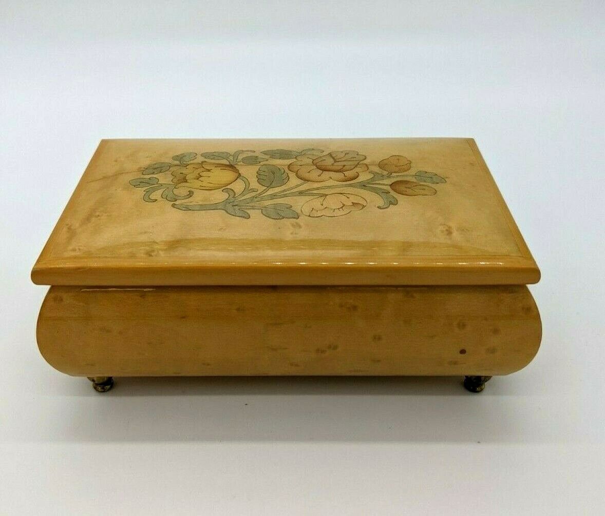 Vintage Musical Floral Jewelry Trinket Box Wood Reuge Edelweiss AS IS