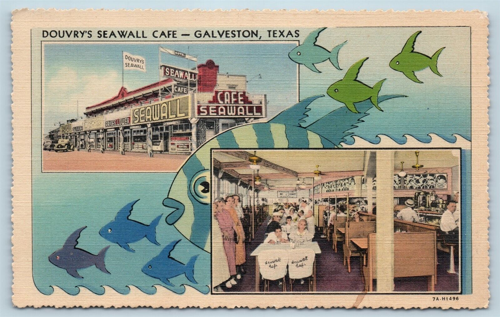 Postcard TX Galveston Texas Douvry\'s Seawall Cafe Restaurant Interior c1940s X2