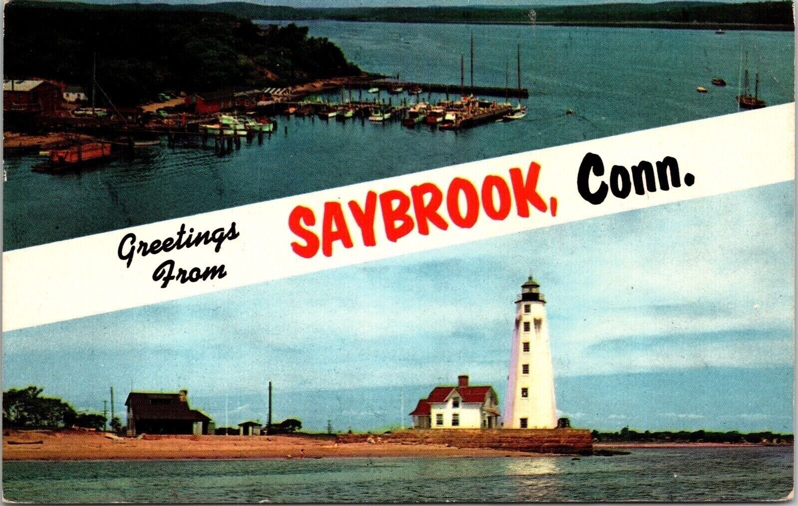 Greetings From Saybrook Connecticut CT Dual View Lighthouse Dock Postcard UNP