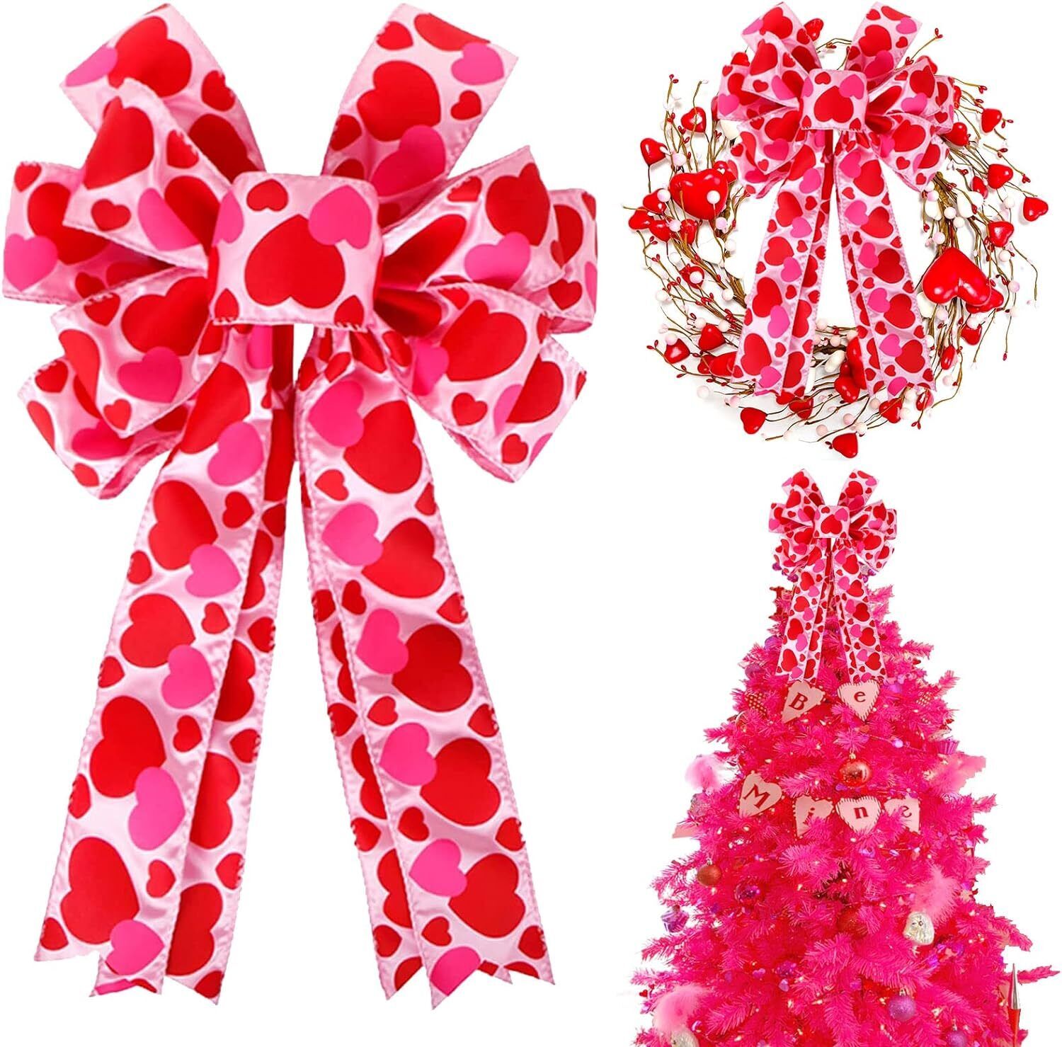 Valentine Tree Topper Bow with Heart Decorations, 11.4”X19.6” Large Red Pink Val