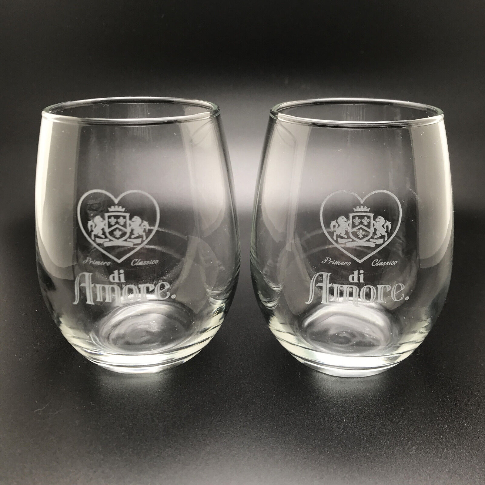 Vtg di Amore Cordial Glasses Lot of 2 Tumblers Etched Heart Crest 70s Nice Gift