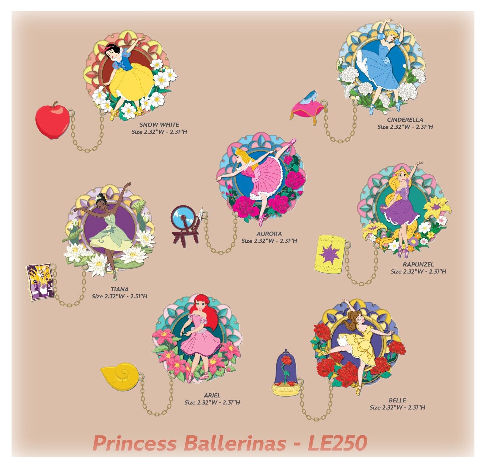 Disney DEC Princess Ballerinas 7 Pin Set Ariel Belle Rapunzel Aurora Tiana LE250