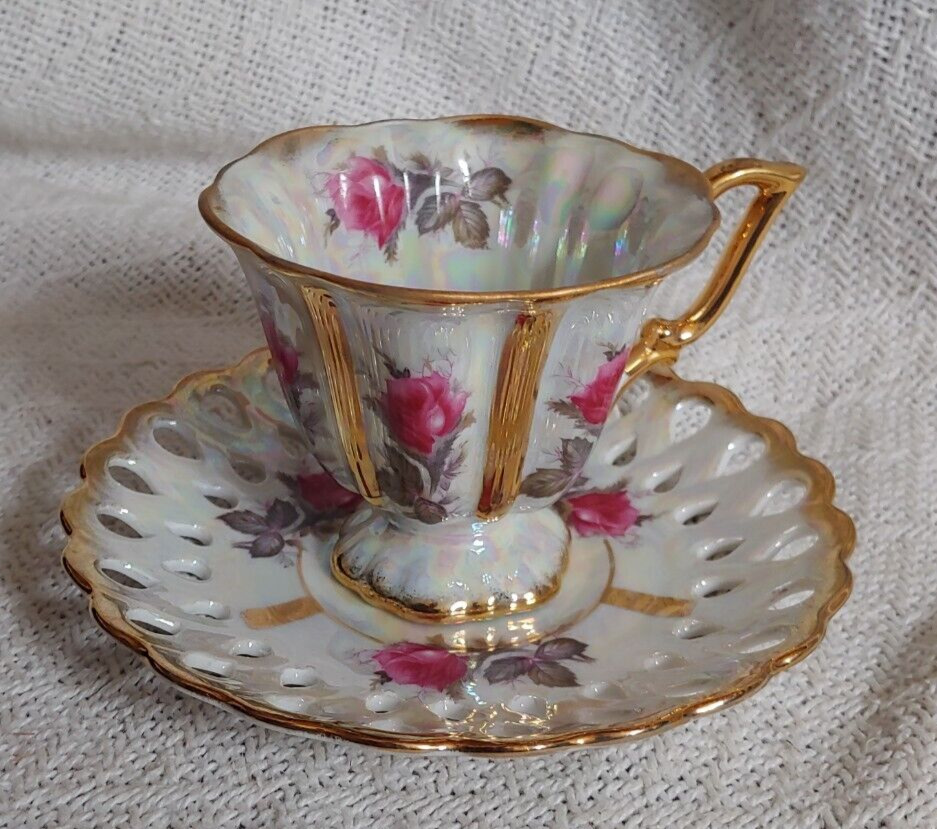 Vintage Royal Sealy Pedestal Teacup & Saucer Reticulated Iridescent Roses Gilt