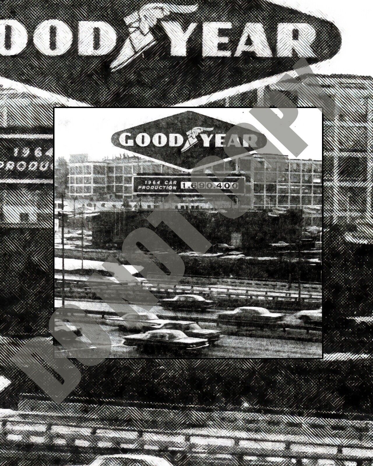 1964 Good Year Car Production Marque In Detroit Along Freeway 8x10 Photo