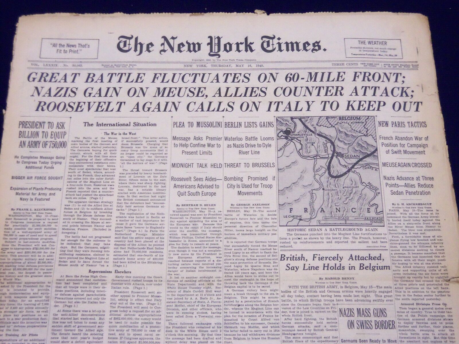 1940 MAY 16 NEW YORK TIMES - GREAT BATTLE FLUCTUATES ON 60-MILE FRONT - NT 184