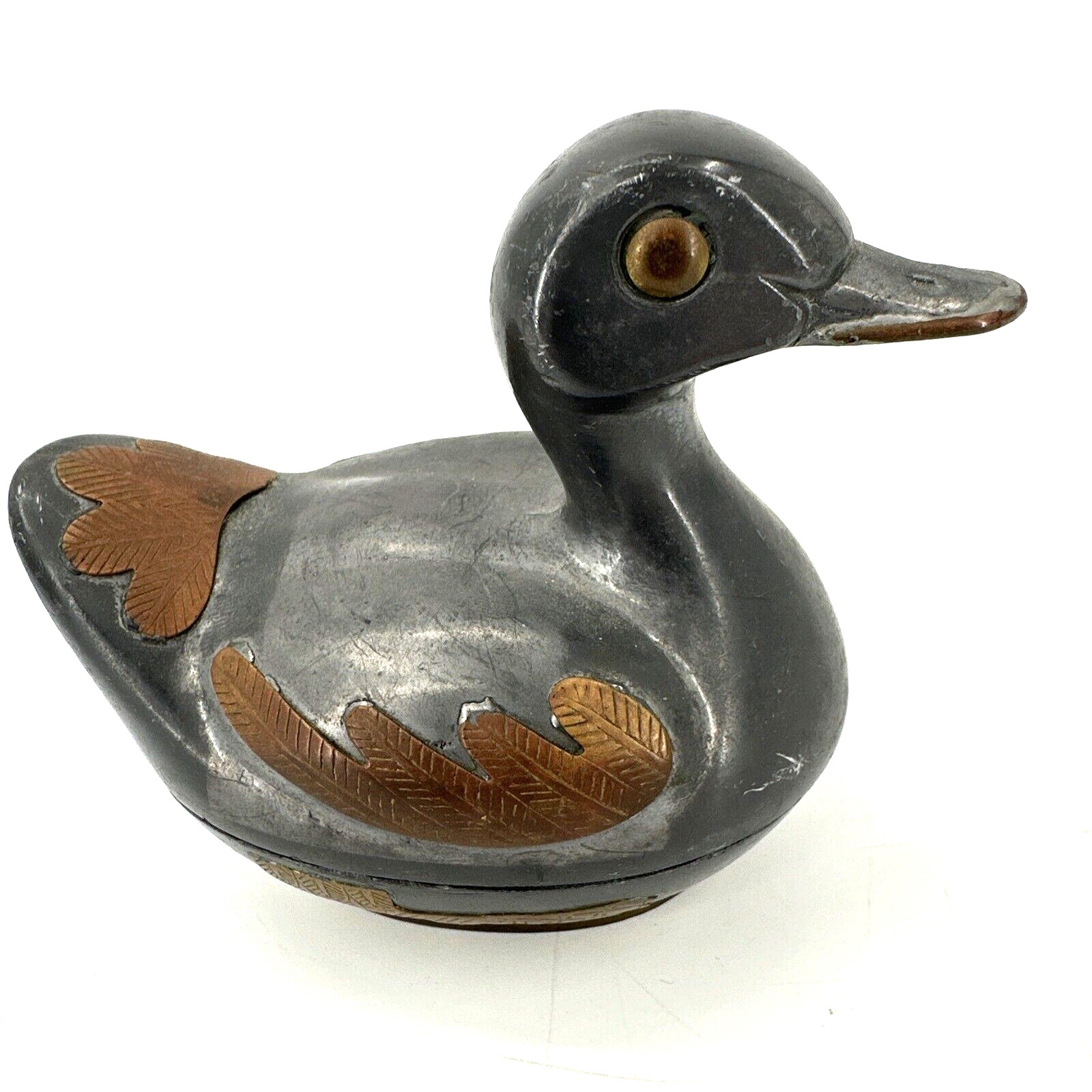 Vintage Pewter Duck Trinket Box Brass Detail Container + Lid 4\