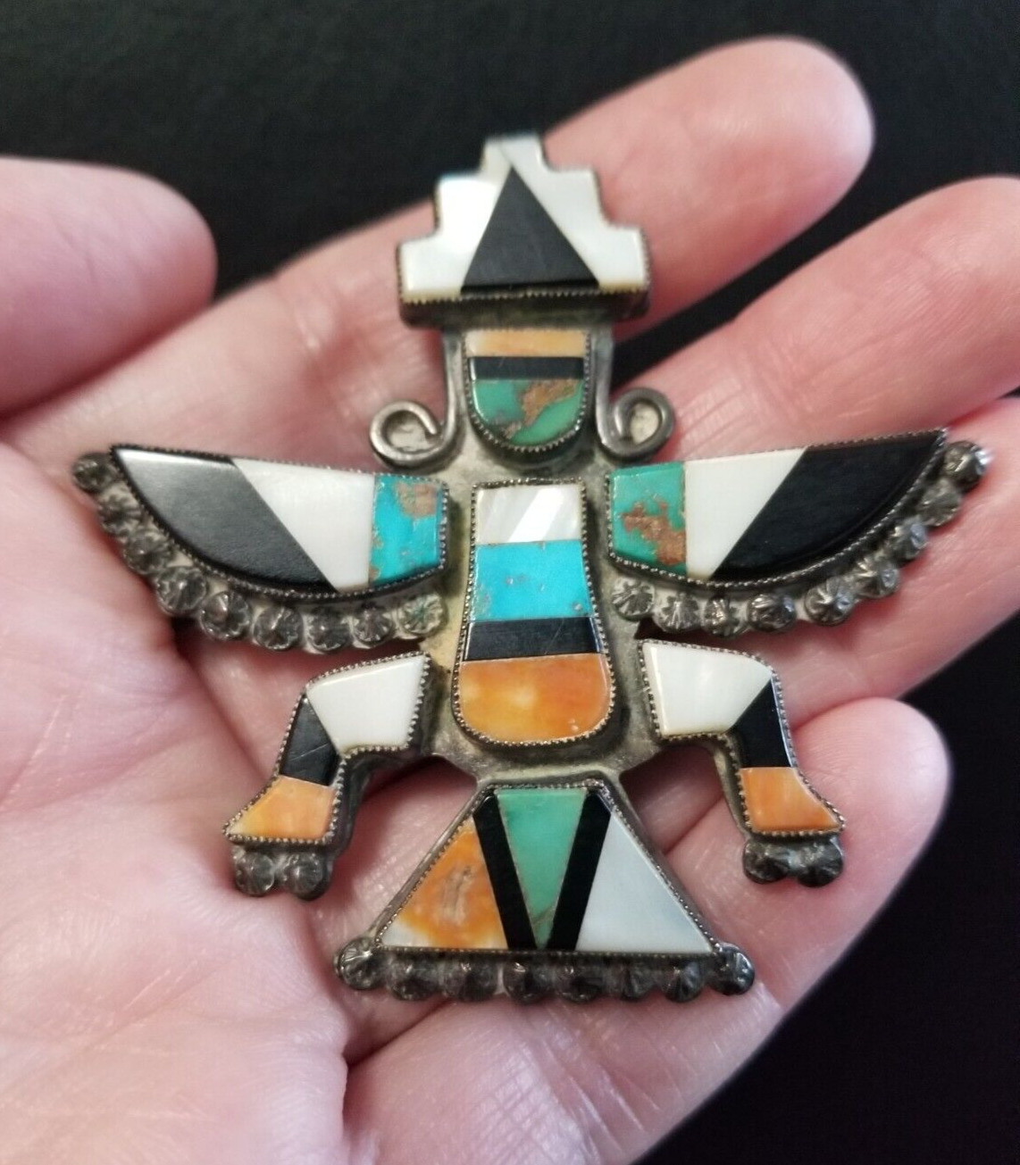 Vintage Zuni Knifewing Pin Brooch - Multi-stone Inlay Sterling Silver