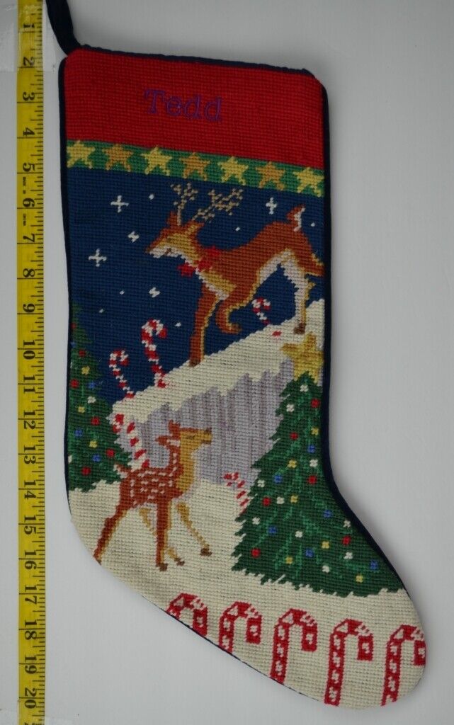 LANDS END Reindeer Wool Needlepoint Christmas Stocking Monogrammed TEDD