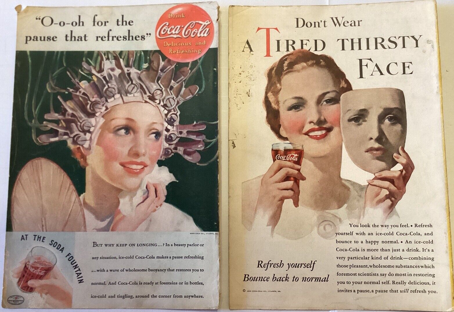 2 Original Vintage 1933& 1935 Coca-Cola Print Ads Young Women &Eveready Battery
