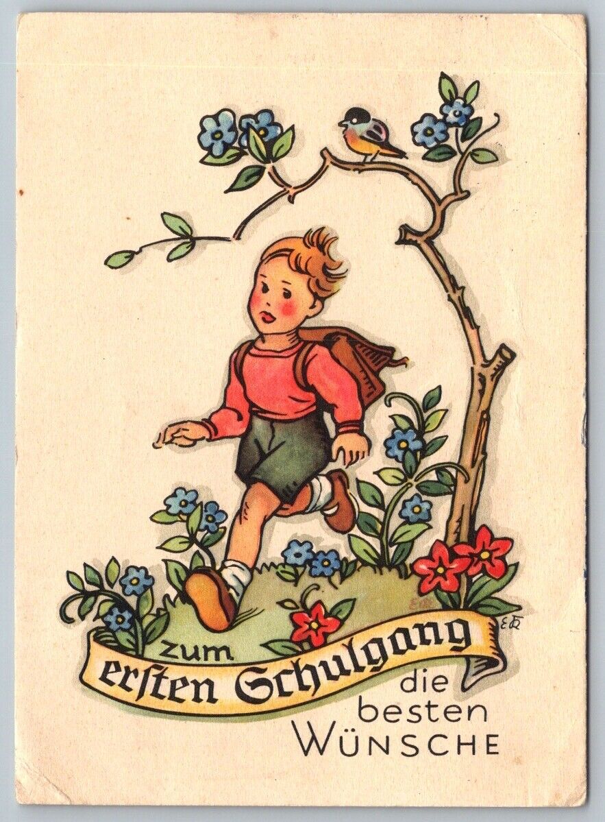 Postcard German Best Wishes for First Year of School c1954