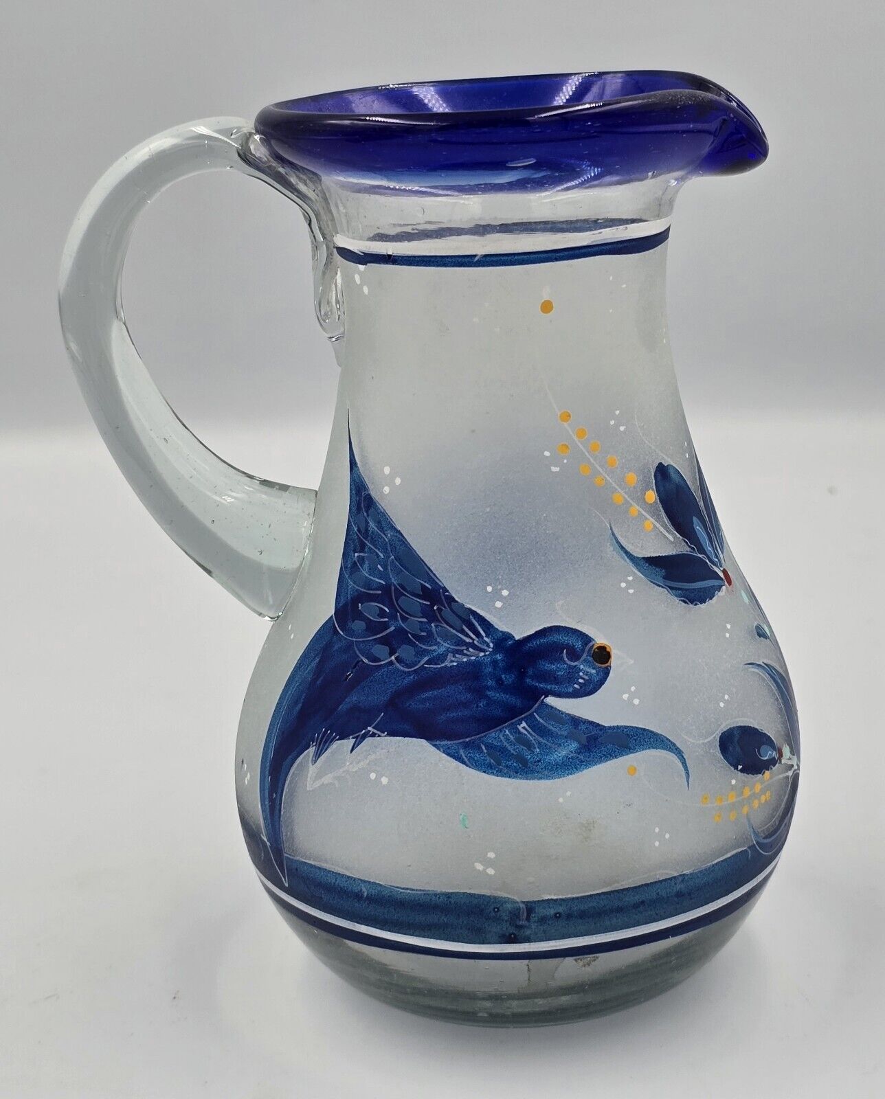 vintage antique hand blown hand painted pitcher / vase clear blue Glass