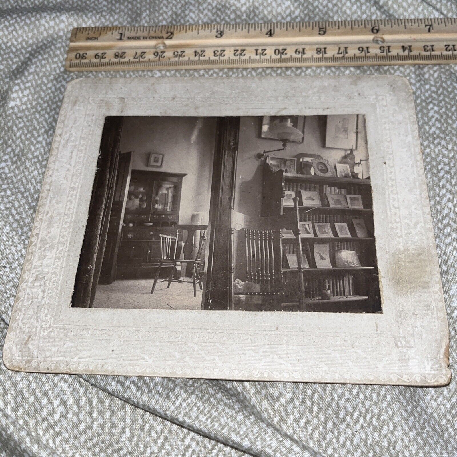Rare Antique 6.5 x 5.5” Mounted Photo of Home with Bookcase Full of Photographs