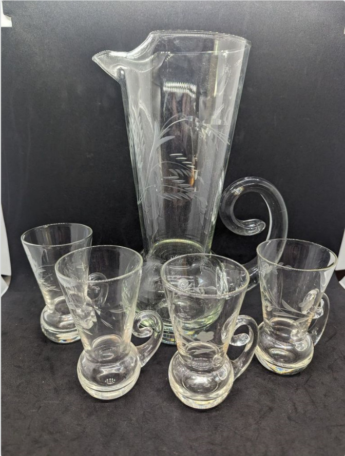 Vintage Etched Glass Decanter + 4 Glasses c. 1960s Clear Glass