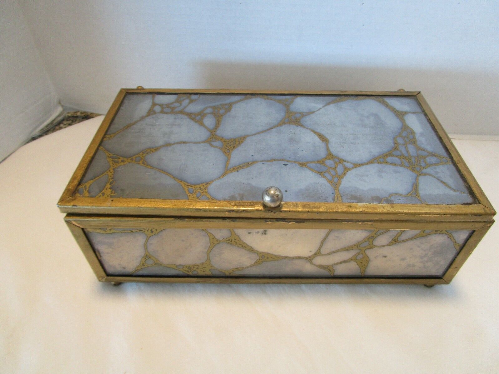Antique Verre Eglomise  Glass gold veined Mirror Art box tin base 10.5”W 1940s