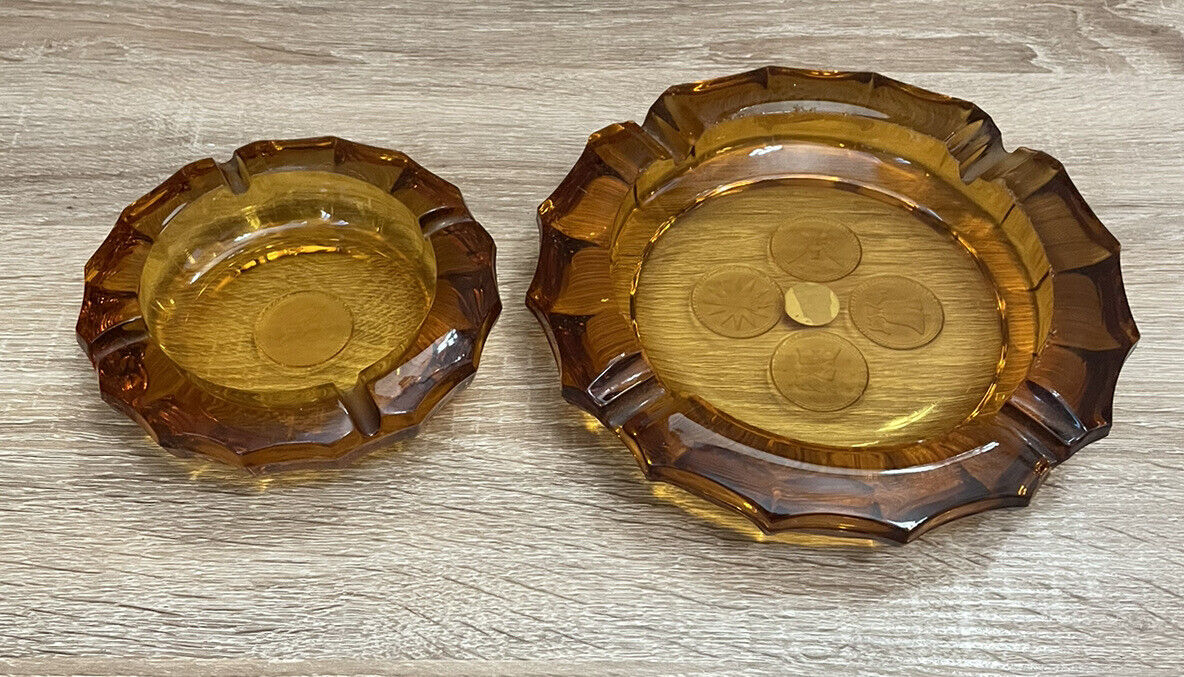 Vintage Fostoria Ashtrays Heavy Amber Glass 4 Coin Cigarette Cigar Set Of Two