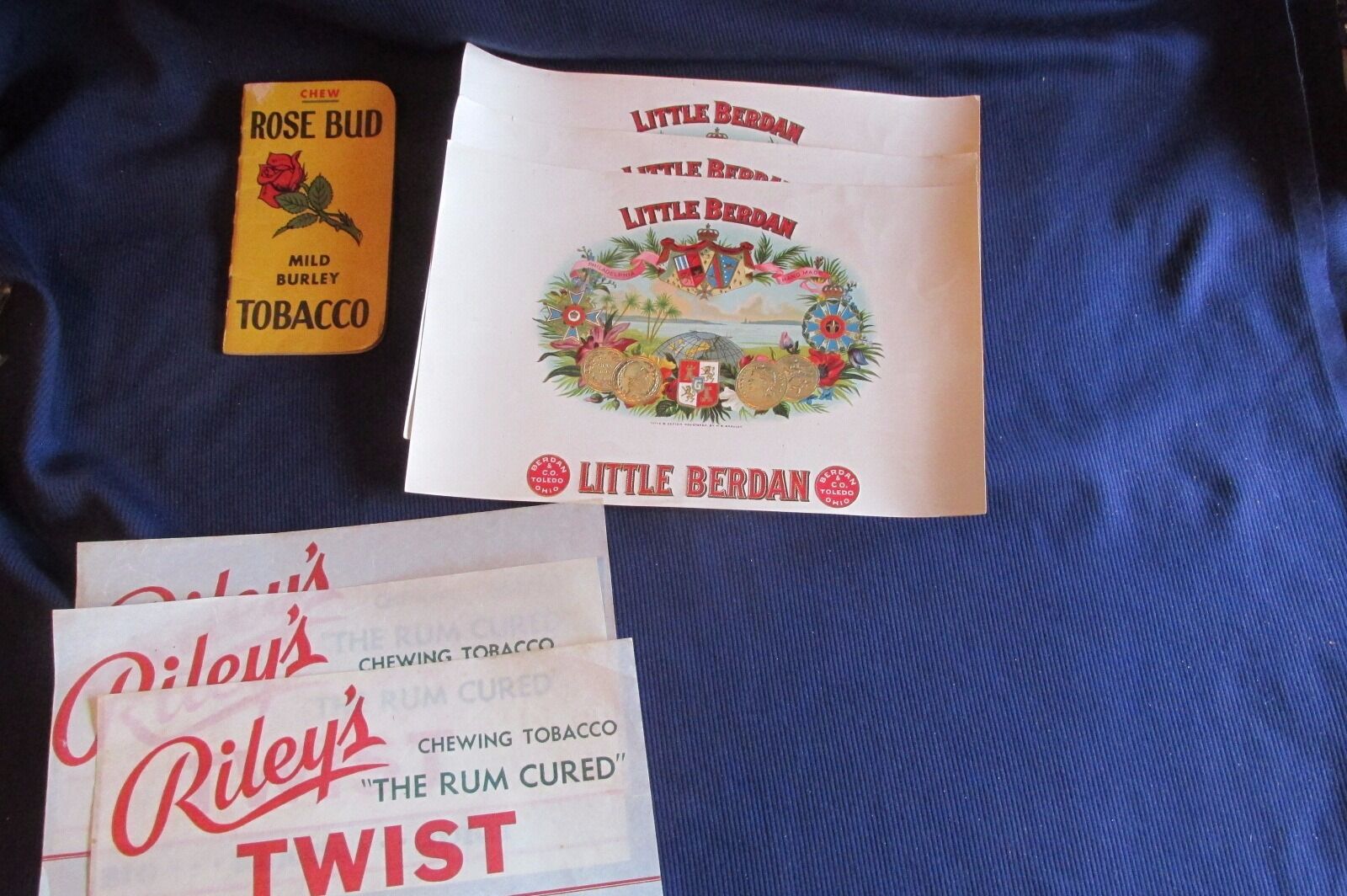 Lot 3 Riley\'s Tobacco Labels, 3 Little Berdan Labels and Rose Bud Chew Notebook