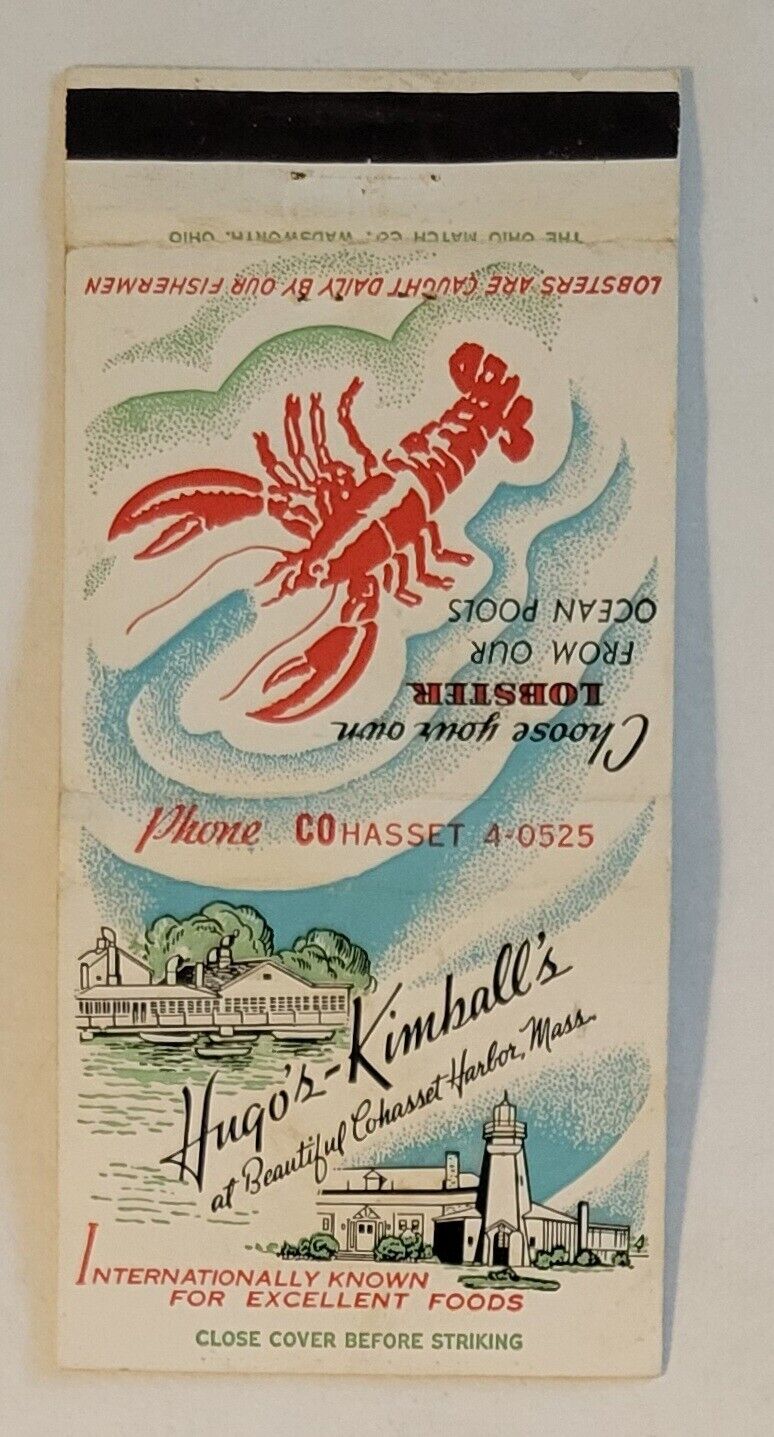 Vintage Matchbook Cover....Hugo’s Kimball’s Restaurant at Cohasset Harbor, MA