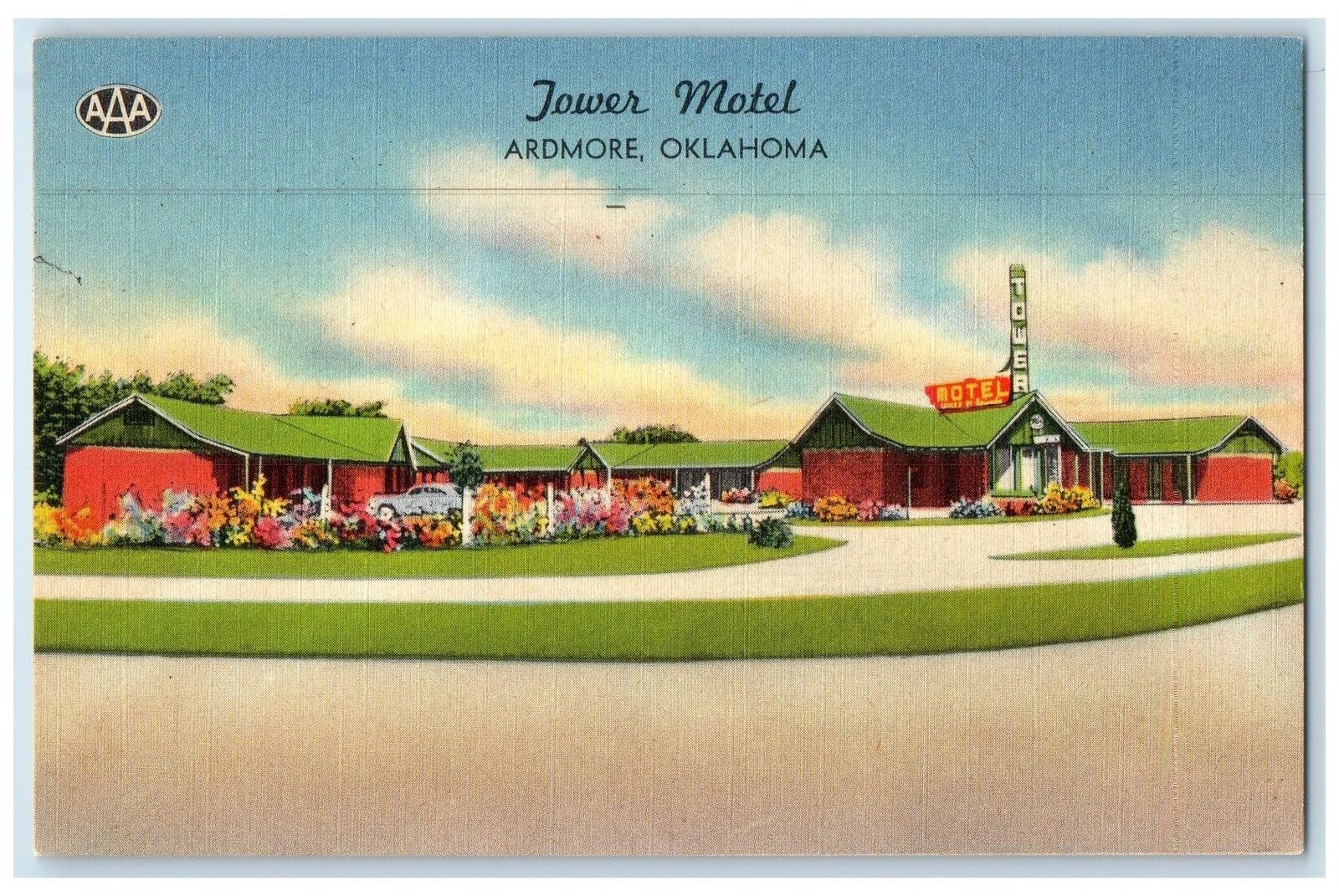 c1940's Tower Motel Exterior Roadside Ardmore Oklahoma OK Posted Cars Postcard