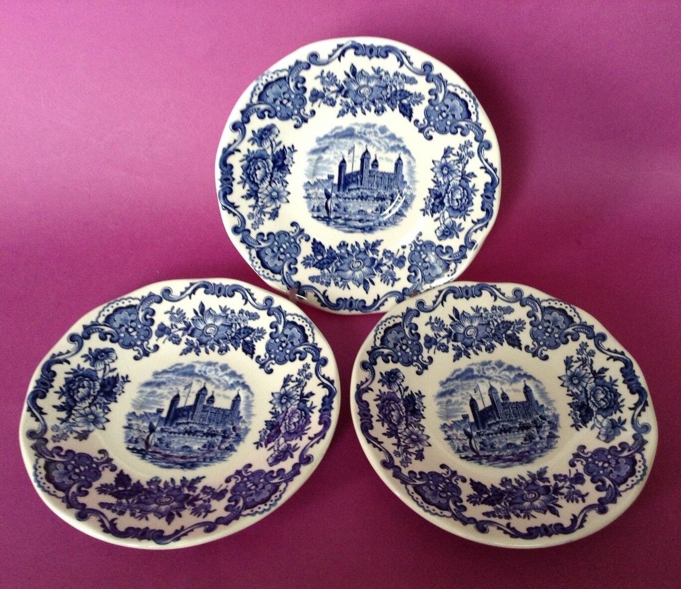 Wedgwood - Royal Homes Of Britain - 3 Saucers - Blue And White Transferware
