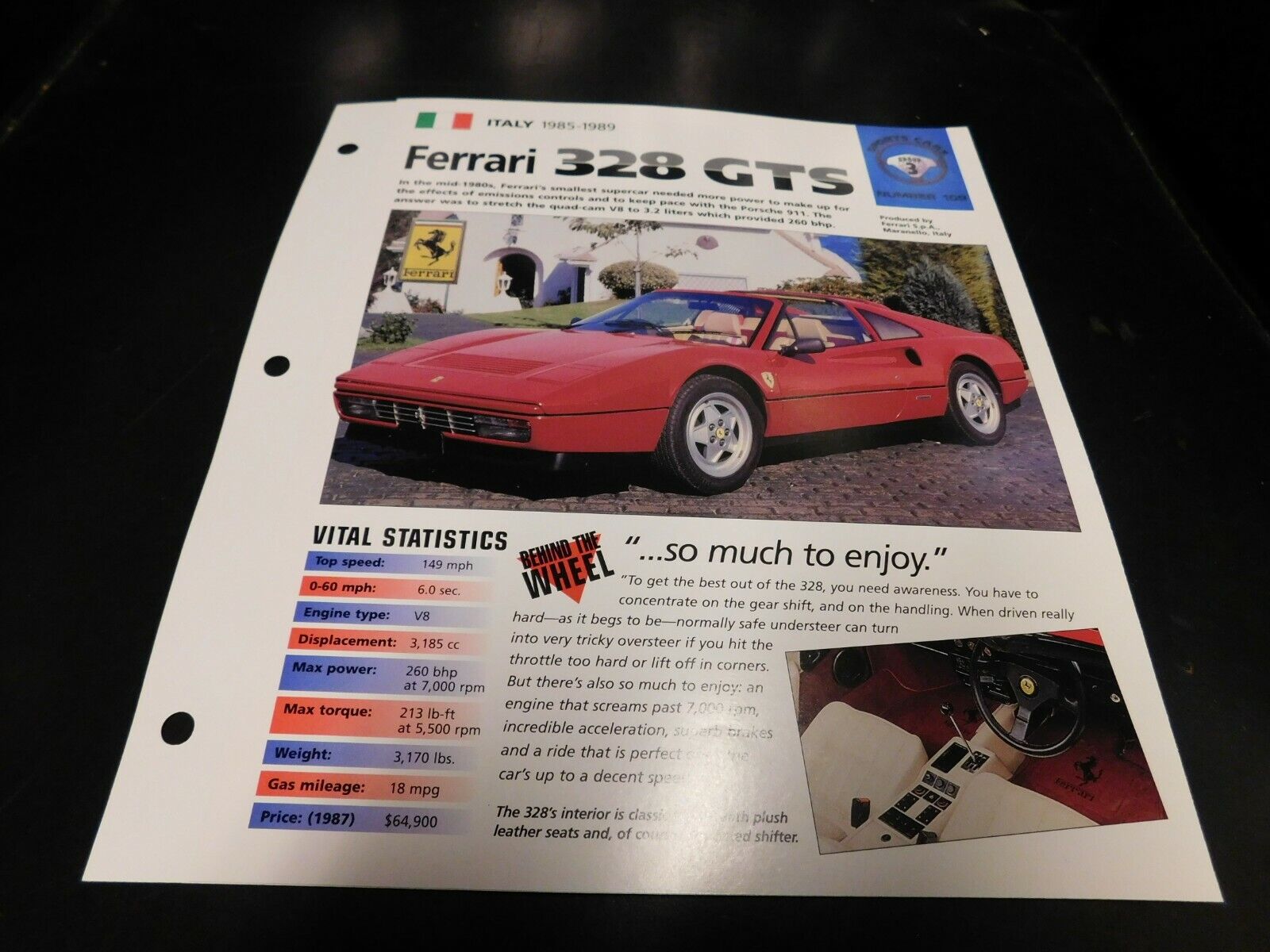 1985-1989 Ferrari 328 GTS Spec Sheet Brochure Photo Poster 86 87 88