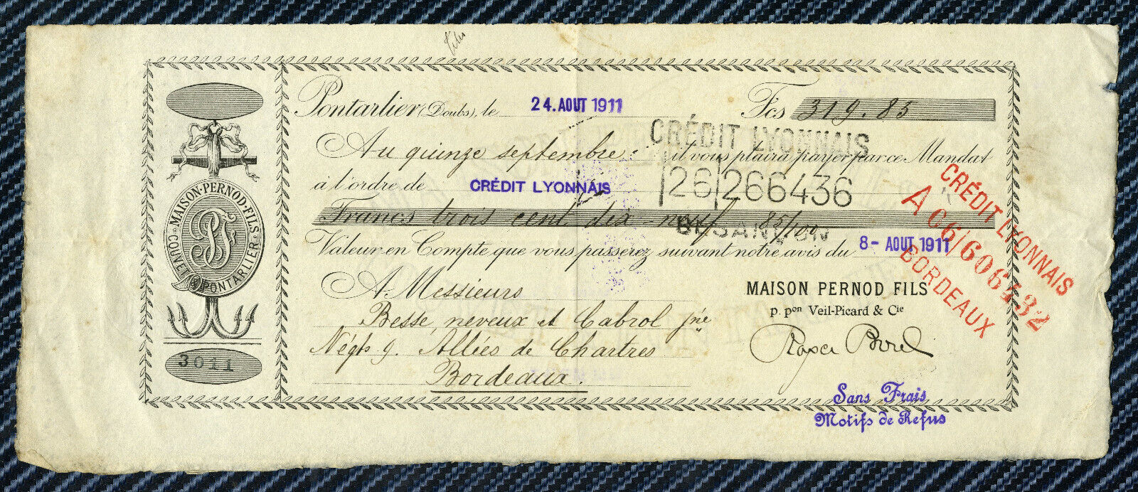 Order note - PERNOD house in COUVET (Switzerland) and PONTARLIER (Doubs) - 1911