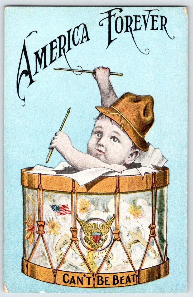 WWI AMERICA FOREVER CAN'T BE BEAT BABY IN DRUM PATRIOTIC POSTCARD DOUGHBOY