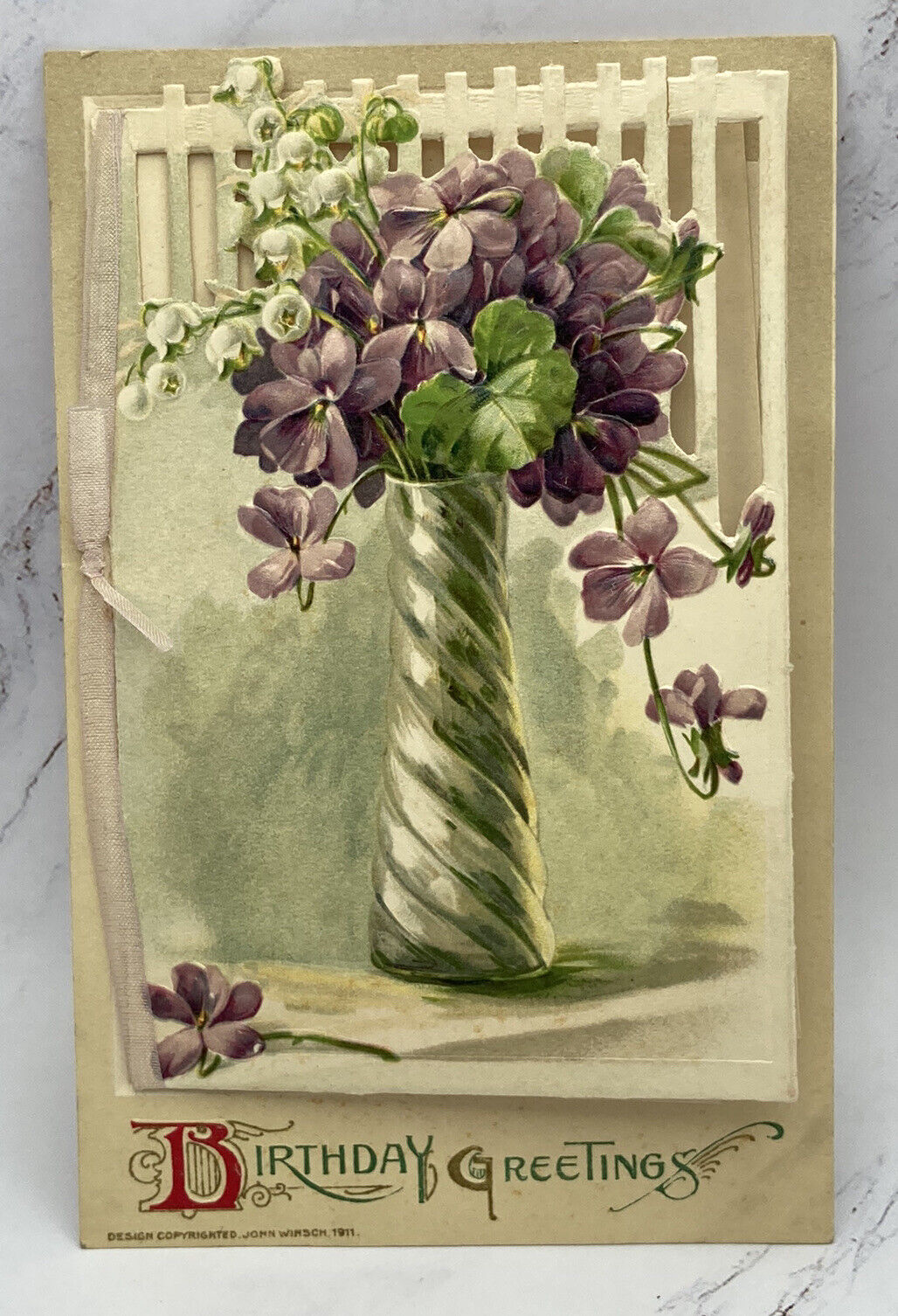 1911 Birthday Greetings Floral Design Fold-Out ANTIQUE Postcard John Winsch