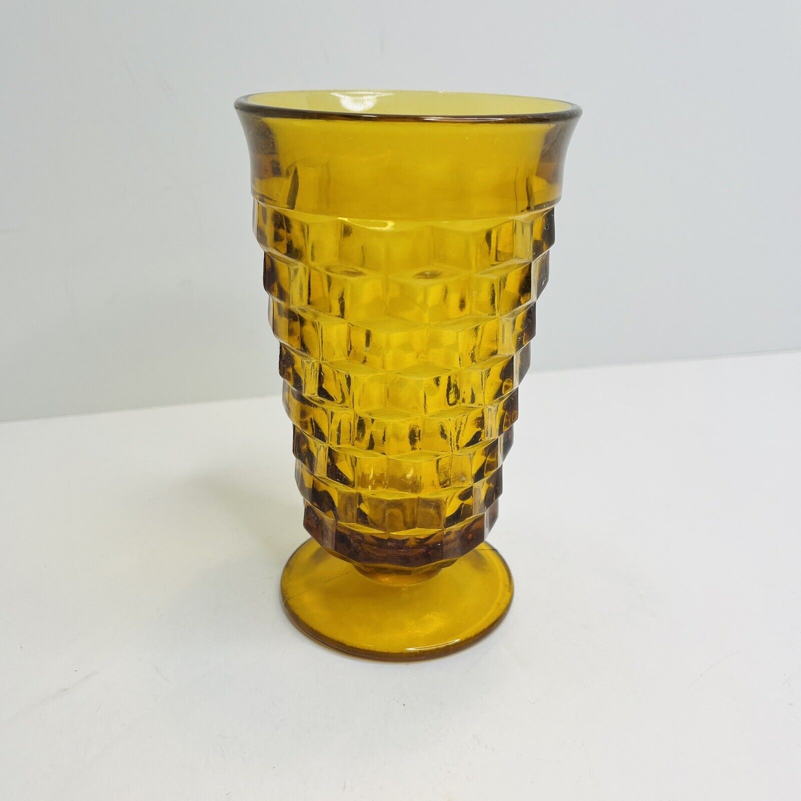 Amber Whitehall Cubist Footed Drinking Glass 12oz MCM Vintage Mid-Century Modern