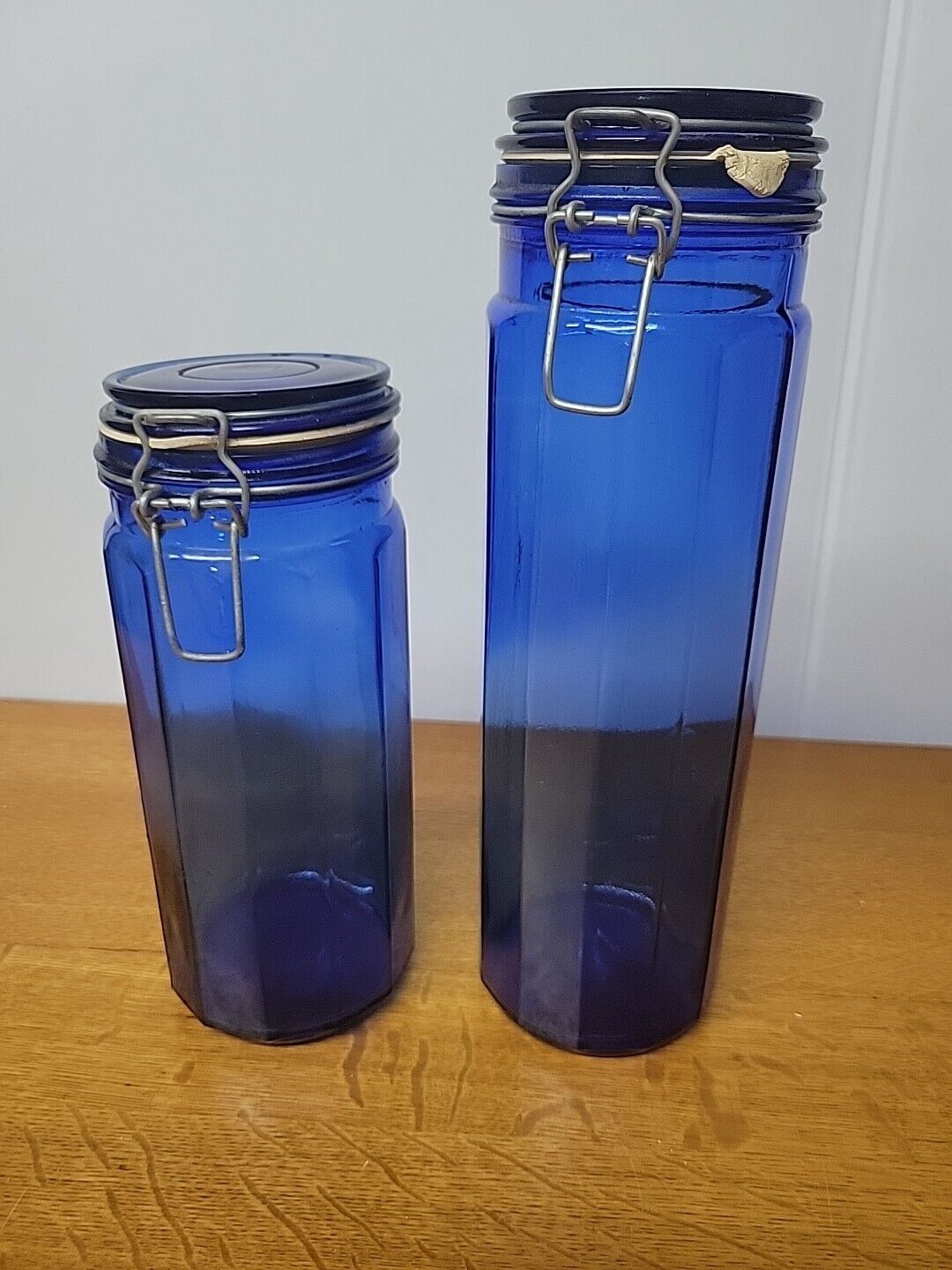 Vintage Wire Bail Cobalt Blue Glass Spaghetti Pasta Jars Canisters 13\