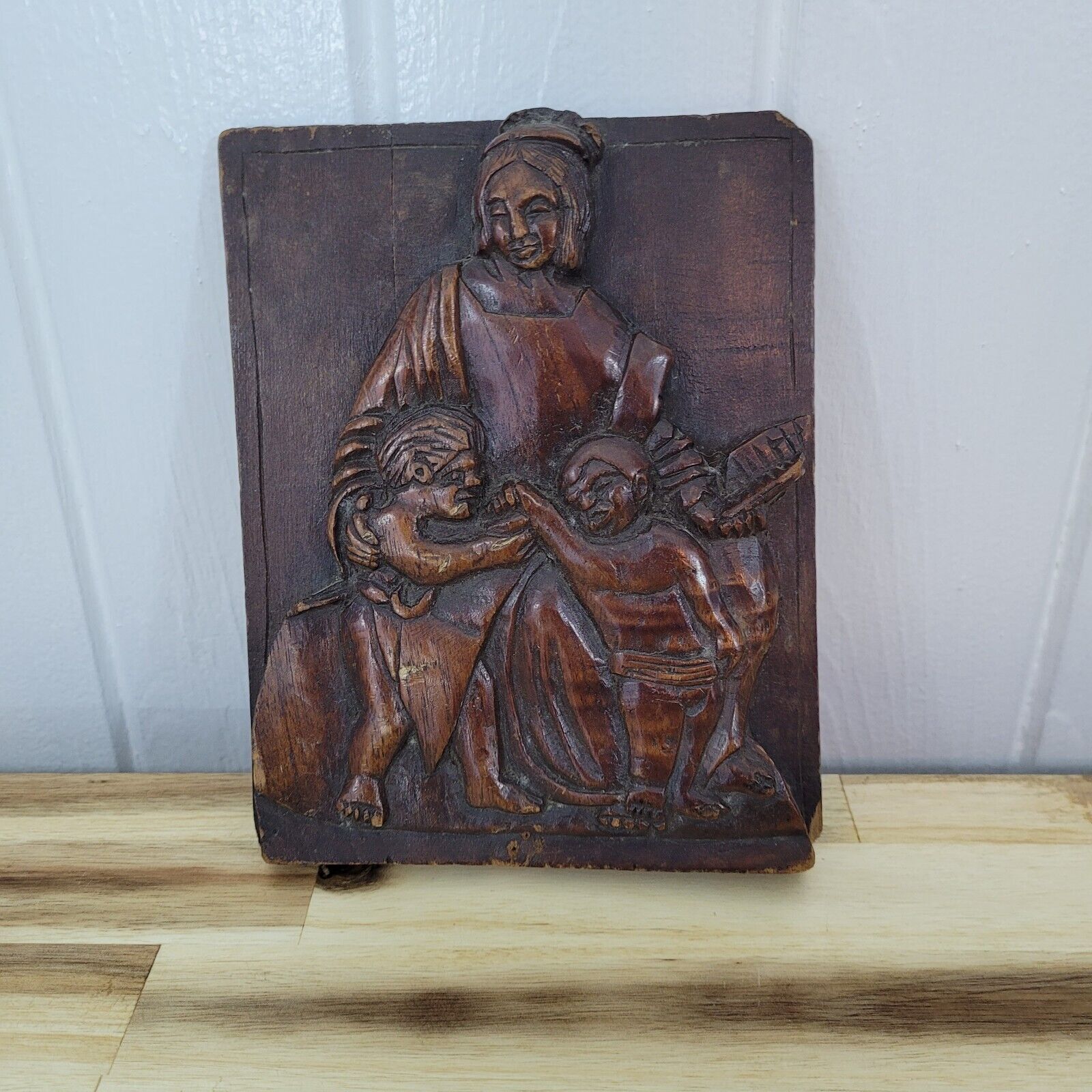Figural Victorian Era Wood Relief Wall Plaque Antique French Tribal Wooden Art