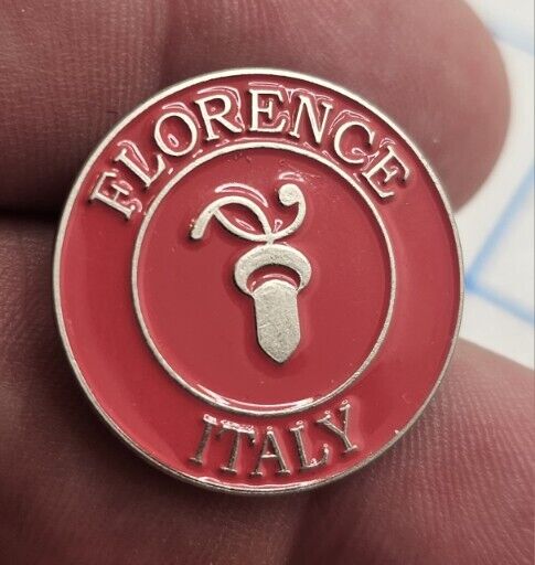 VTG Lapel Pinback Hat Pin Silver Tone Florence Italy Round Red Pin
