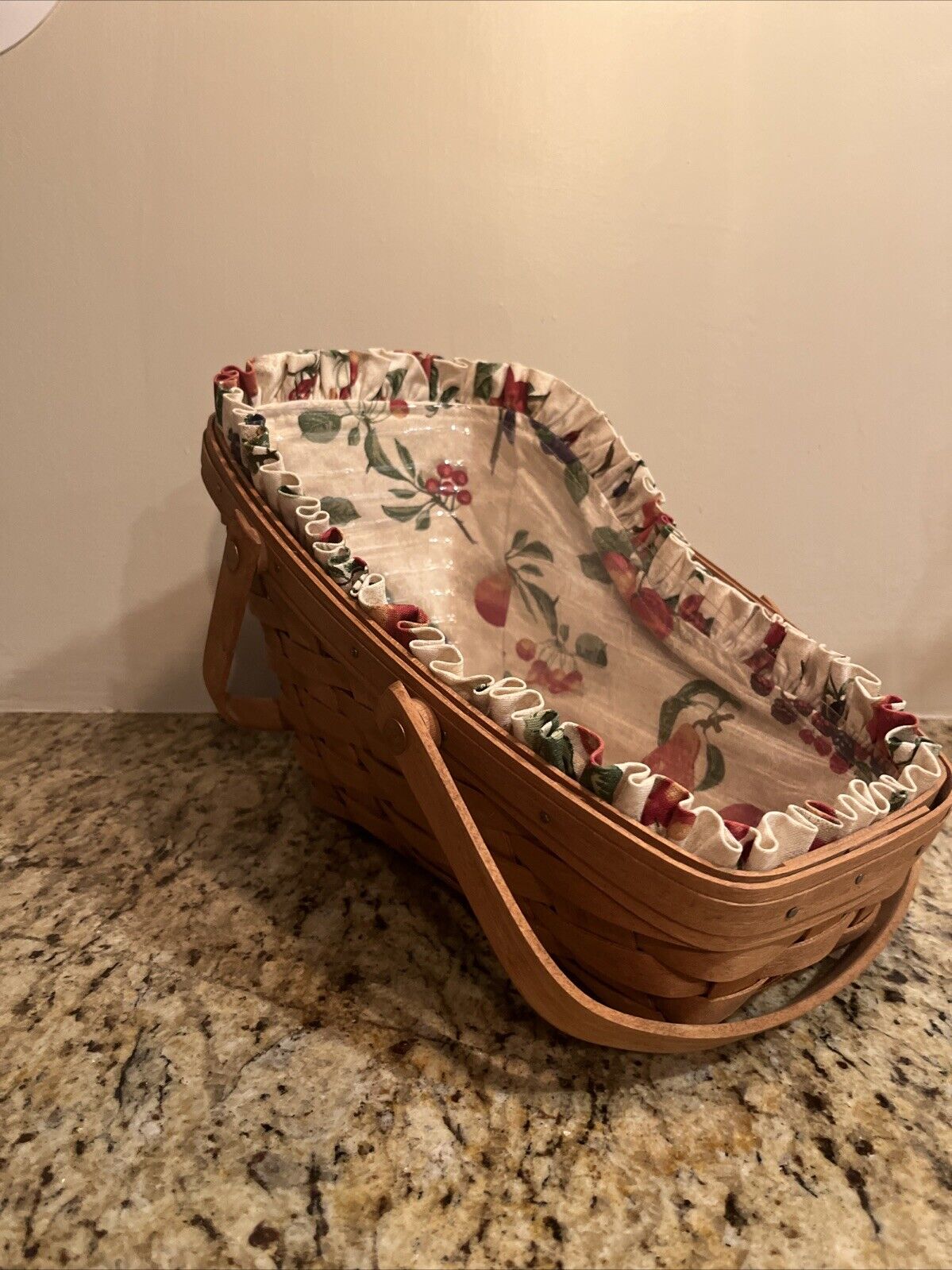 Longaberger Vegetable Handled Basket w/Fruit Medley Fabric & Plastic Protector