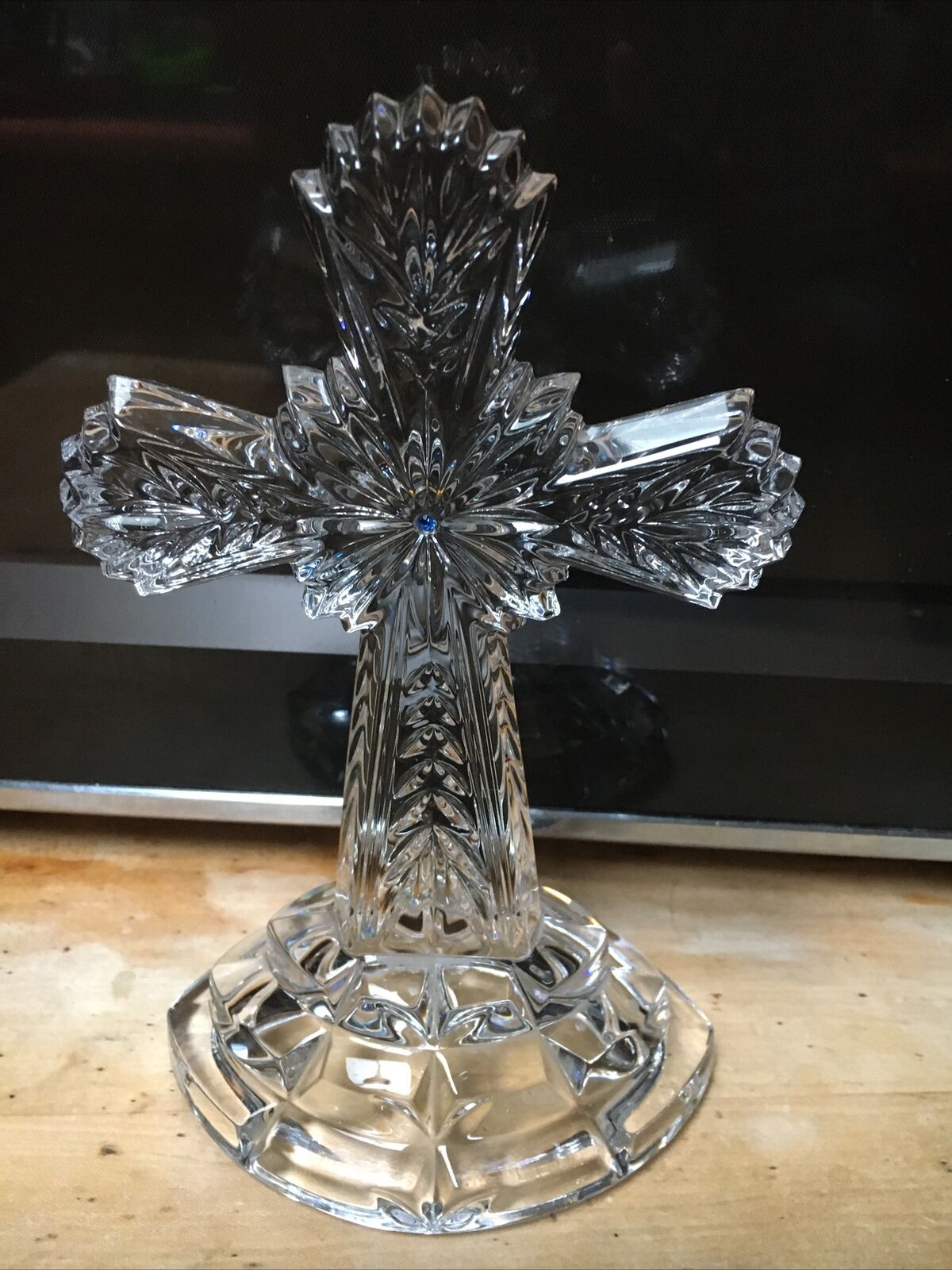 Lenox Germany Fine Crystal Art Glass Standing Cross Sapphire Rhinestone 8” Tall