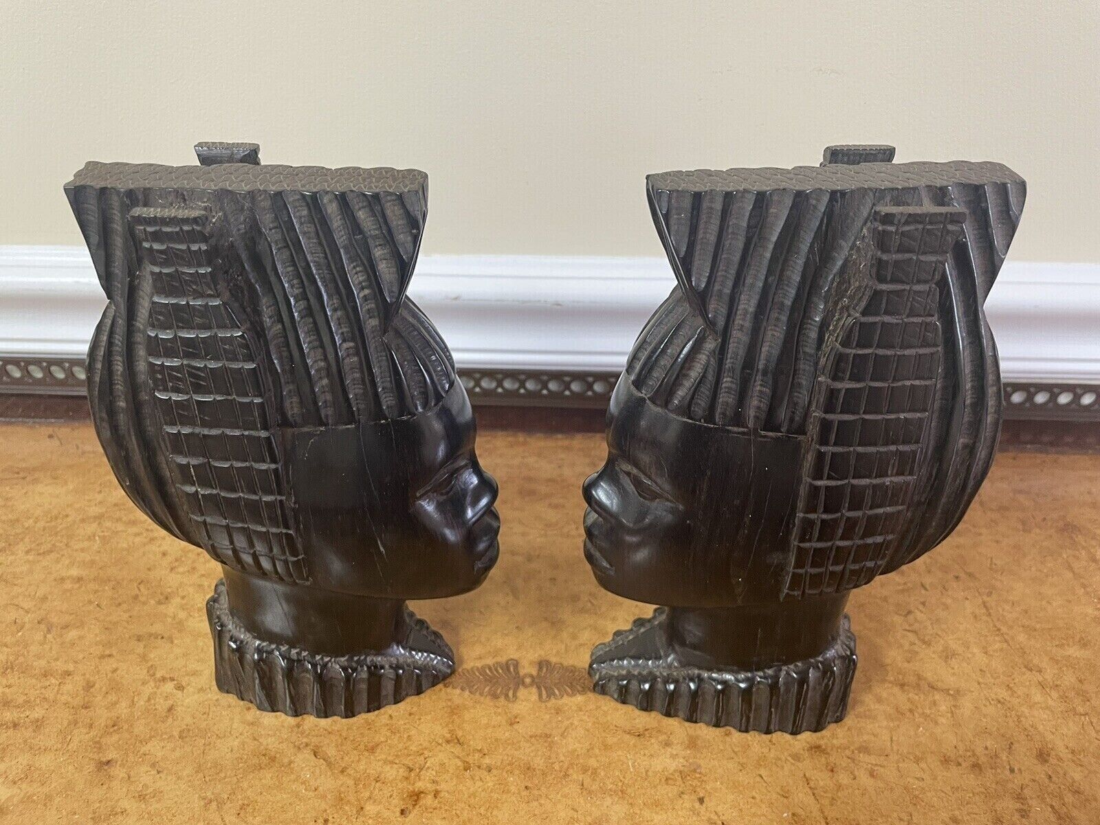 Pair Of African Tribal Rosewood Face Bust Sculpture Bookends