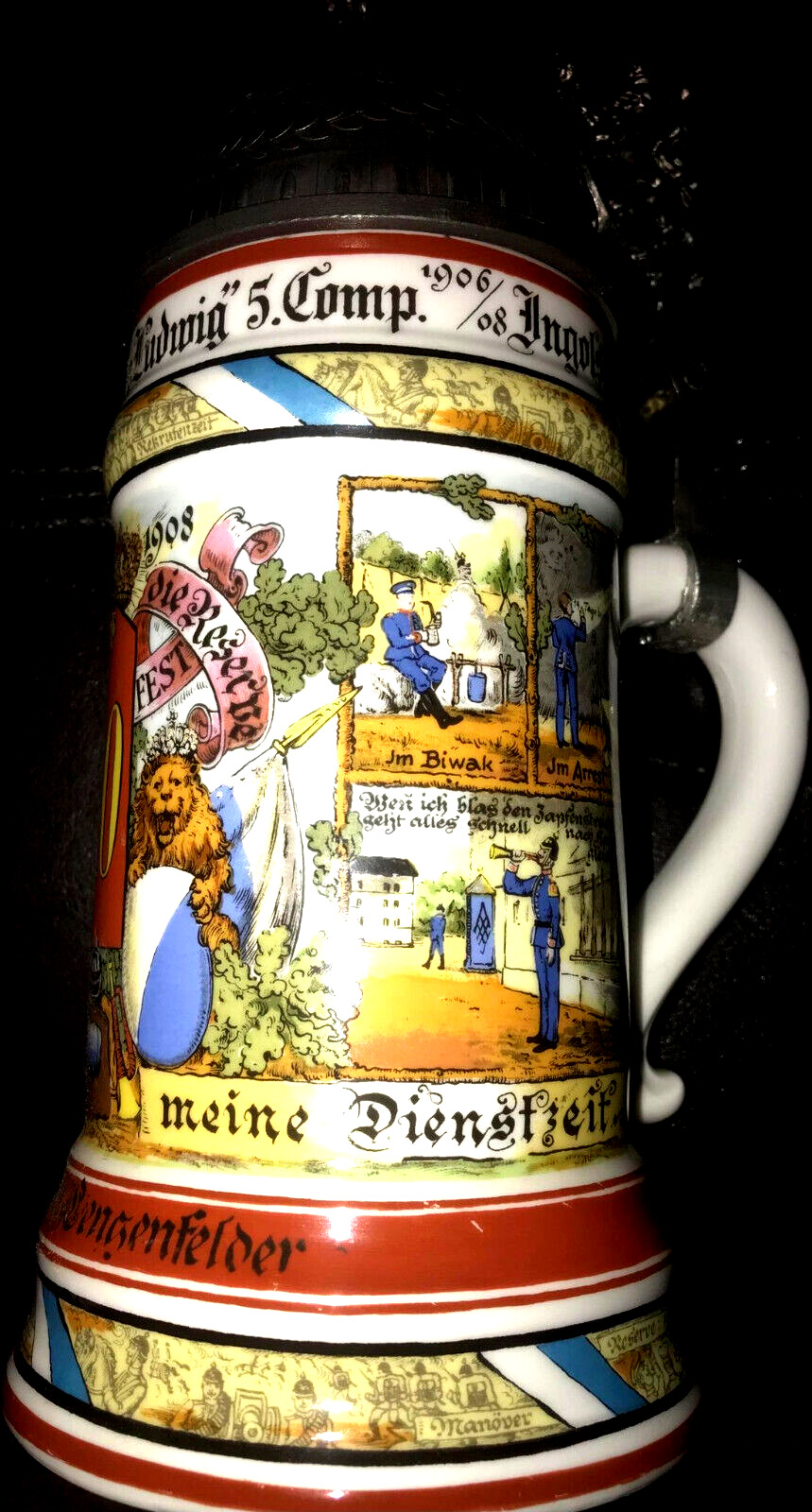 Antique German Regimental Lithophane Beer Stein w/ Pewter Lid 11” tall 4.5” wid